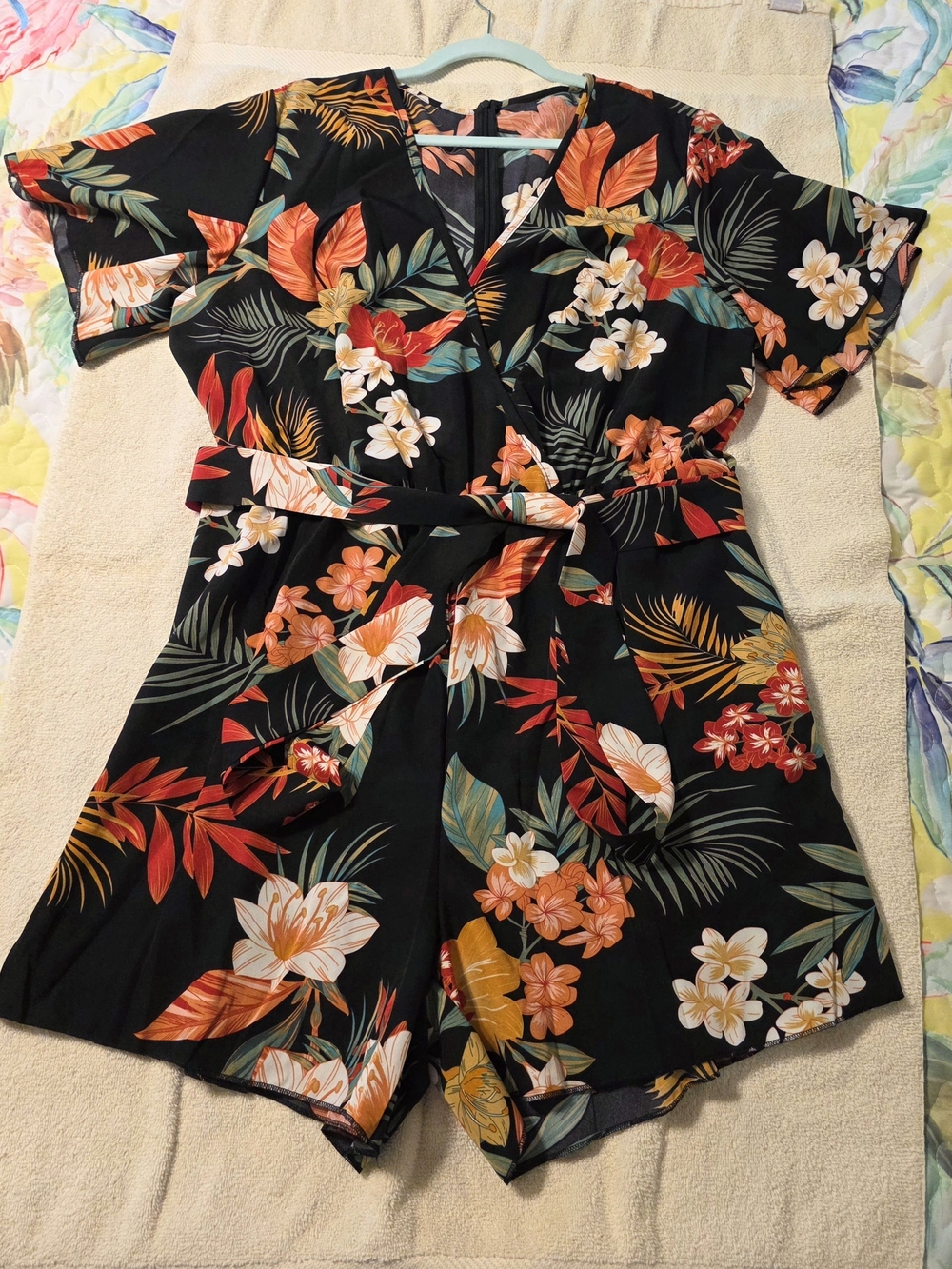 Black Tropical Floral One-Piece Romper - Elastic With Belt At Waist 14